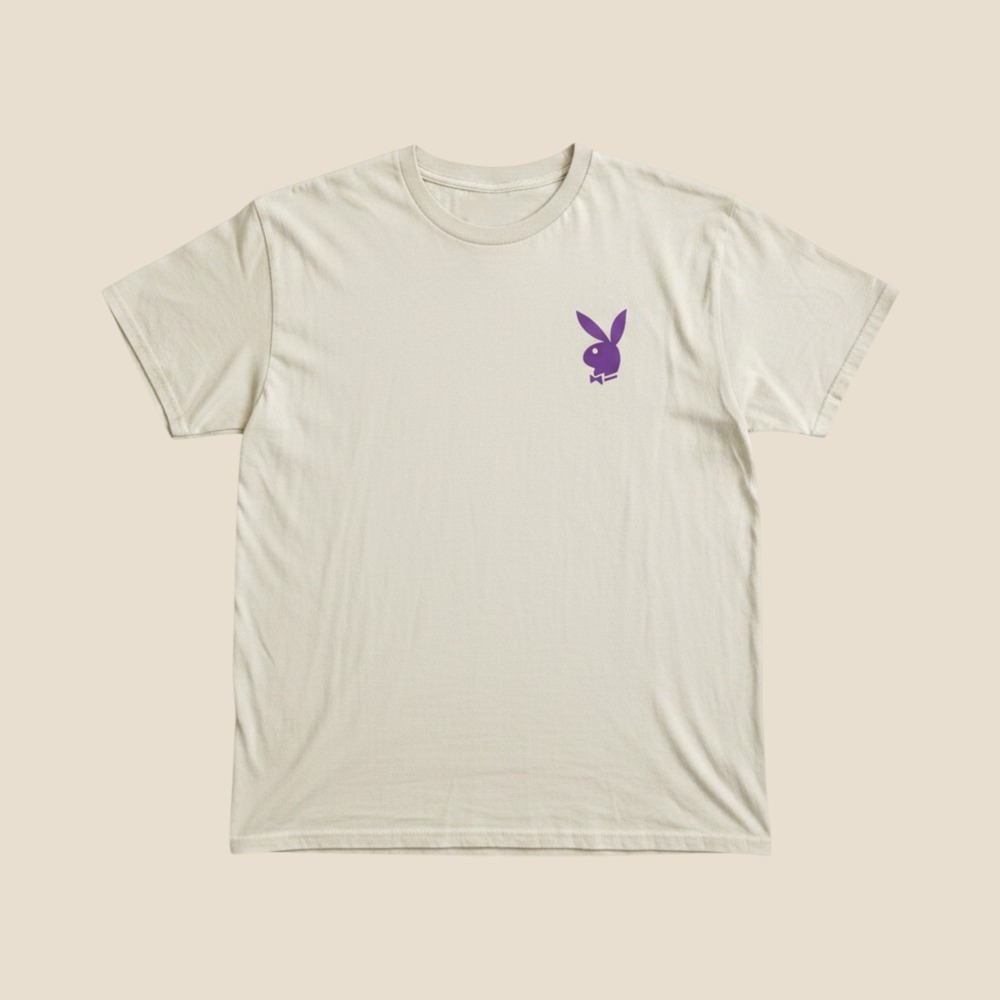 Playboy Graphic T-Shirt Beige Pink Bunny Logo Short Sleeve Cotton Tee Small‎